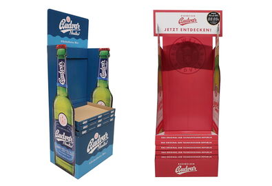 Panther display made of corrugated cardboard with contour-cut sides in the shape of a beer bottle